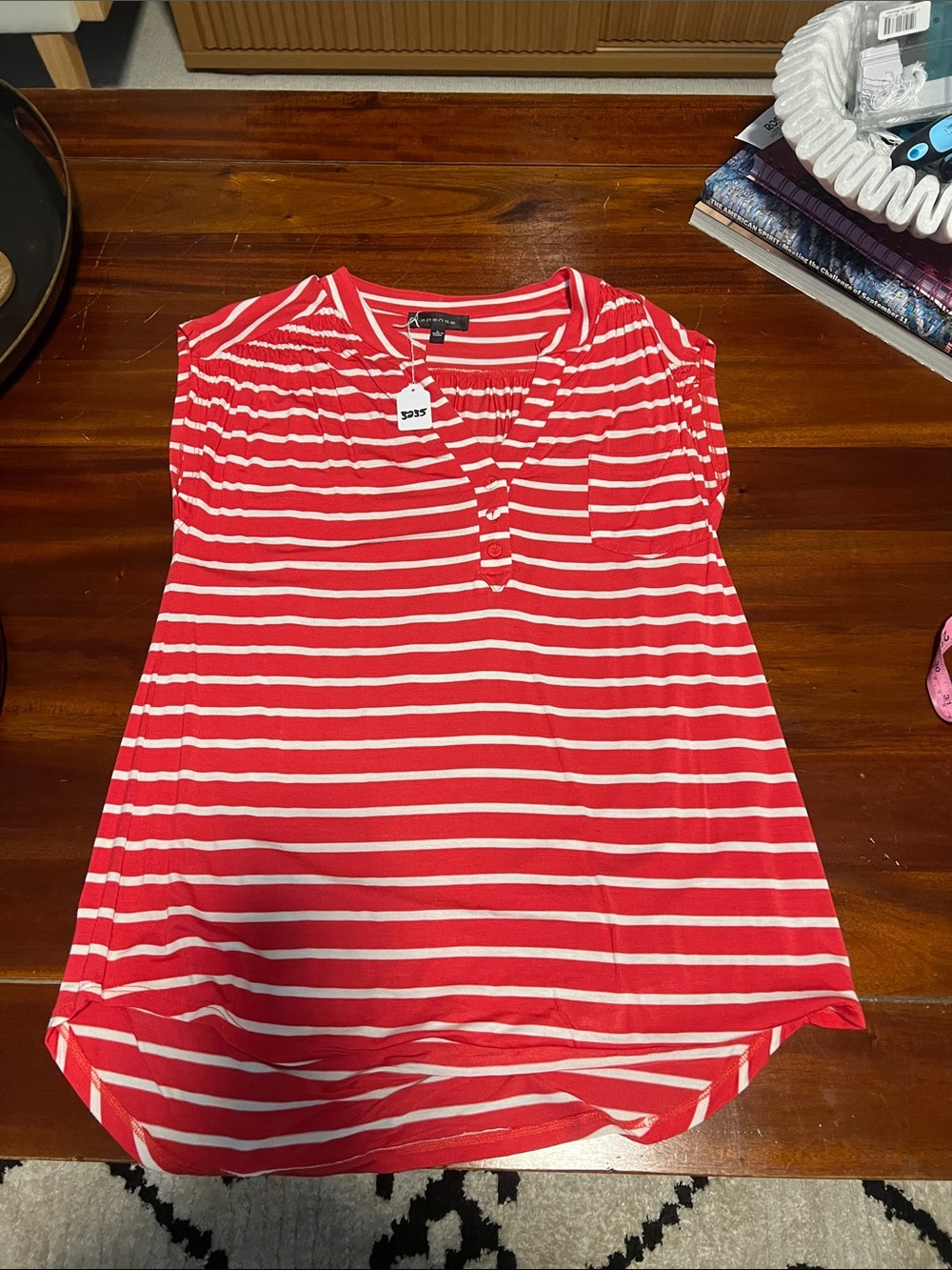 Spense Red & White Striped Henley Tank Top